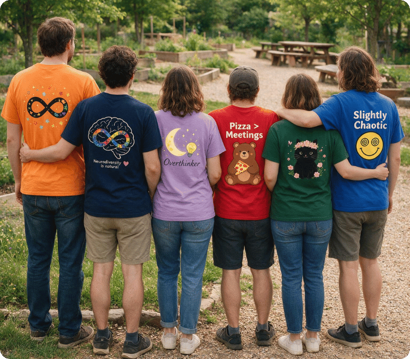 People wearing expressive T-shirts standing together and sharing personal stories