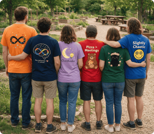 People wearing expressive T-shirts standing together and sharing personal stories
