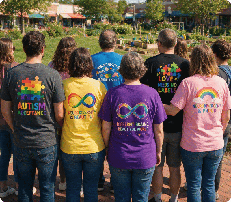 People wearing colorful neurodiversity awareness apparel and celebrating inclusion
