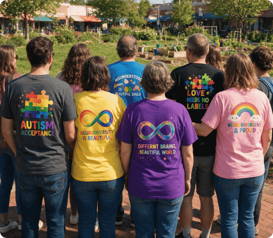 People wearing colorful neurodiversity awareness apparel and celebrating inclusion